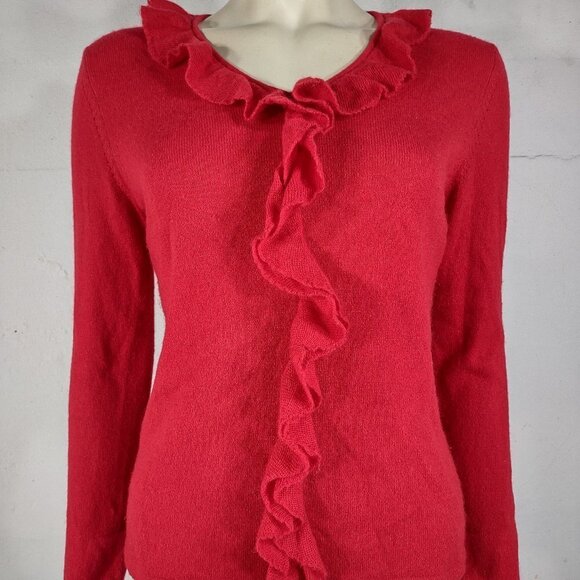 Prive red 100% Cashmere Ruffled V-Neck pullover sweater ladies Small - Picture 1 of 6